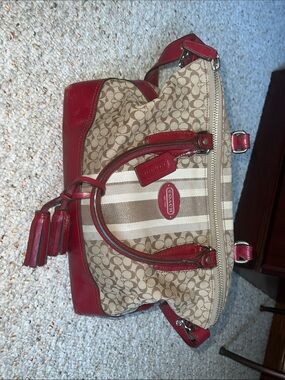 2012 Millie  Satchel Coach Beige Signature Canvas Tote with Red Leather Trim